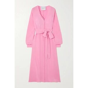 MSRP‎ $550 Envelope 1976 Cannes Belted Button Silk Crepe Midi Dress Coquette 36